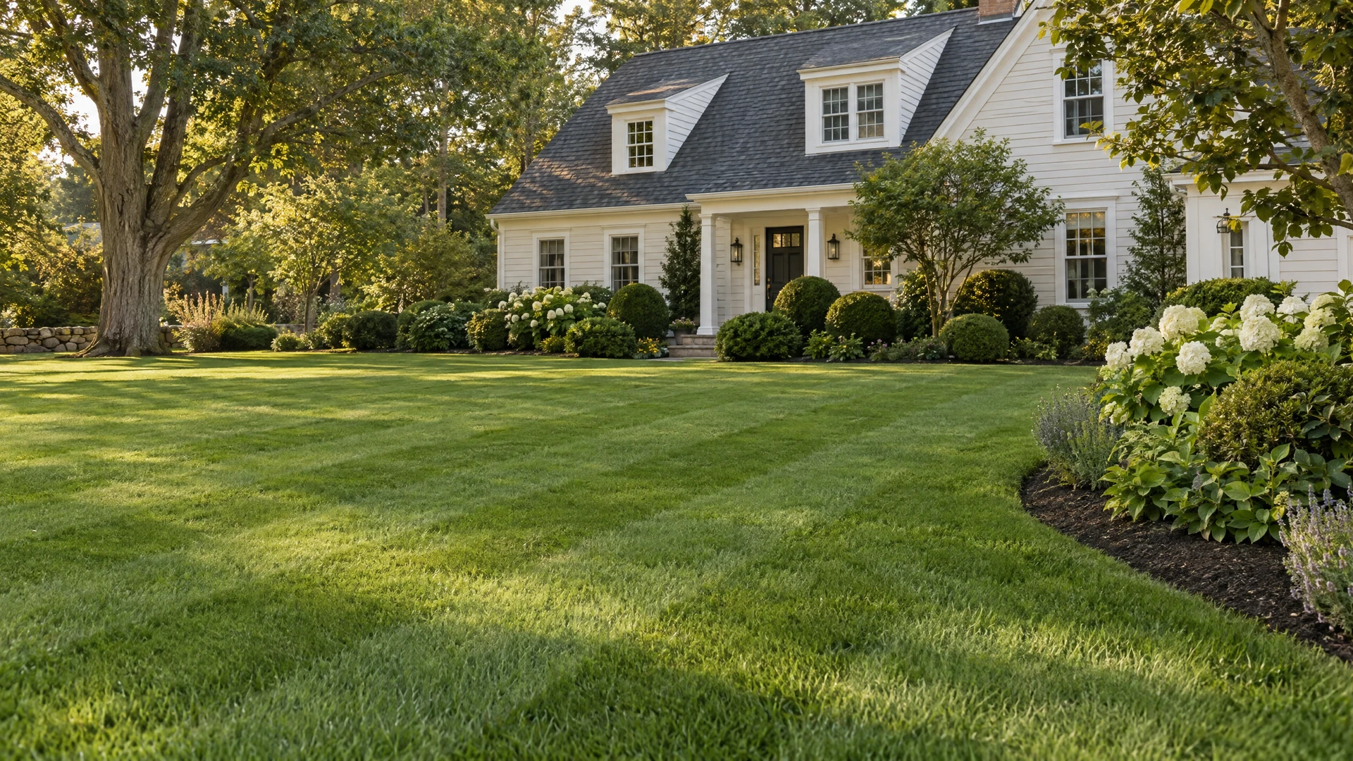 Illustrative view of a lush mowed lawn and landscaped New England home